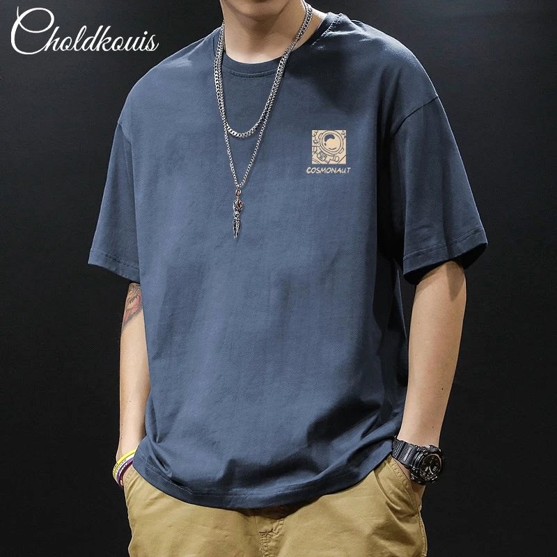 Foreign Trade Blue T-Shirt in Casual Streetwear Style Review: 200g Cotton, Drop Shoulder, S–3XL